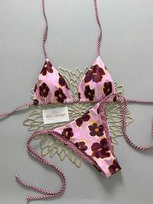 2pcs Retro Floral Colorblock Plaid Print Personalized Women Bikini Swimwear, Suitable Beach, Pool, Cruise, Party In Spring And Summer - Pink and Purple - 查看 1