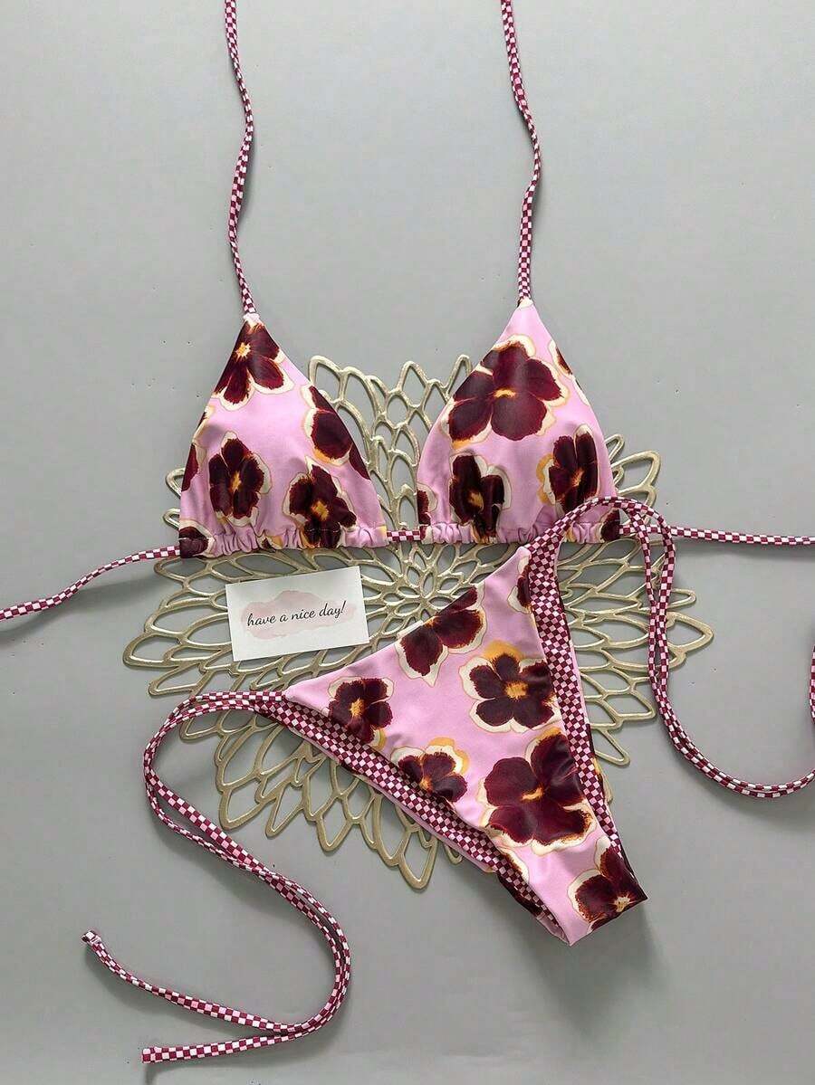 2pcs Retro Floral Colorblock Plaid Print Personalized Women Bikini Swimwear, Suitable Beach, Pool, Cruise, Party In Spring And Summer - Pink and Purple - 查看 1