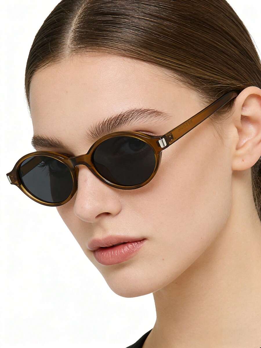 1pc Women Casual Retro Oval Small Frame Grey Fashion Fashion Glasses, Suitable For Daily Wear And Street Photography - Tea Frame Gray Sheet - View 1