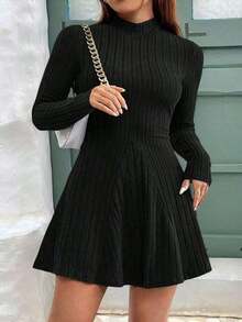 Cute Long Solid-Color Casual Dress, Spring-Autumn Style, Suitable Family Gatherings, Parties, Commuting, Dating And Dance Events. - 黑色 - 查看 4