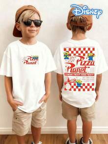 Disney Toy Story Pizza Planet Themed Kids' T-Shirt: Black Base With Double-Sided Print Of 'Pizza Planet' Logo, Aliens And Retro Fast-Food Elements. The Style Fits Kids' Multi-Scene Daily Wear - trắng - Xem 1