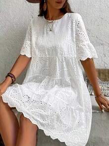 Plus Size Women Solid Color Embroidered Vacation Dress Elegant White Summer - White - View 9