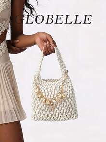 GLOBELLE 波西米亚风沙滩包 - 手工编织网状手提包，饰有金色贝壳海星吊坠，适合夏季、泳池边和海滨度假的针织钱包 - 白色 - 查看 5