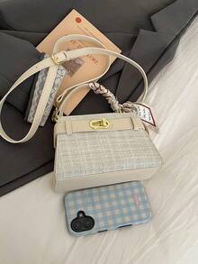 女士方形手提包，时尚优雅小巧，配有同色系围巾搭扣，白色，适合斜挎、通勤，可装手机、口红等物品 - 白色 - 查看 8