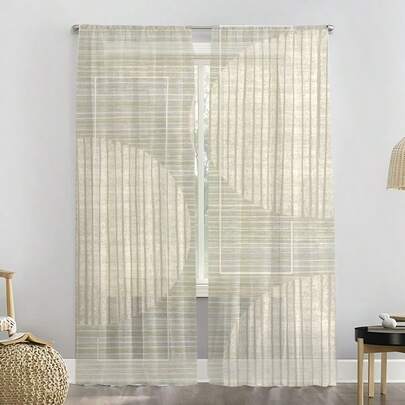2PCS Beige & White Sheer Striped Curtains, Light-Filtering Breathable Fabric, Rod Pocket Style, No Shrink & Wrinkle-Resistant, Ideal For Living Room, Bedroom, And Dining Room