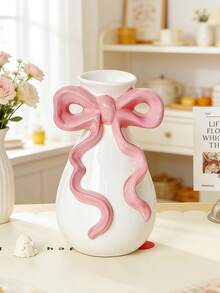 粉色蝴蝶结树脂花瓶 - 卧室、客厅和浴室的精美装饰 | 适用于干花、鲜花花束和仿真花枝的装饰花瓶 | 宿舍、梳妆台和办公室的可爱桌面摆件 | 现代粉彩花瓶，适合婚礼中心装饰、新娘送礼会和礼品创意 | 柔滑细腻的质地，与您的温馨家居风格完美契合 - A - 查看 2