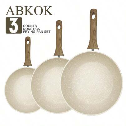 ABKOK [1 pieza/Set de 3 piezas] Juego de sartenes de aluminio (Sartenes de 20cm/24cm/28cm), Fondo de doble capa - Compatible con estufa e inducción, Ligero y calentamiento rápido, Disponible en sartenes individuales o en juego de utensilios de cocina