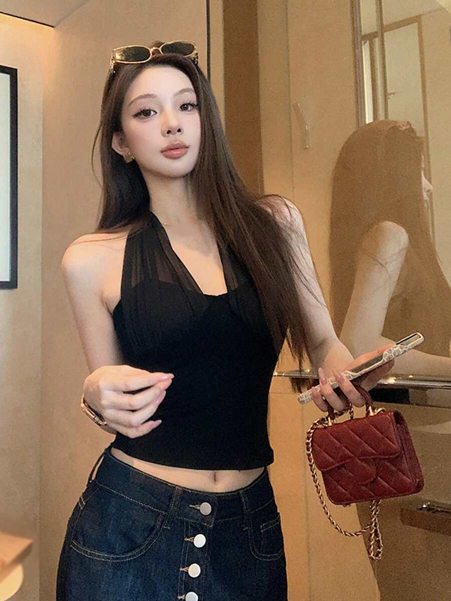 優雅時尚網紗細肩帶背心,休閒時尚修身女款上衣 - 黑色 - 查看 1