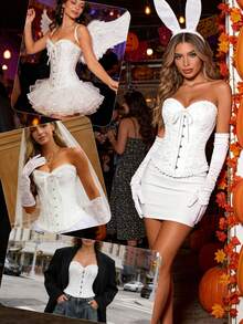 Top corset rétro pour femmes, top de maintien de la taille gothique sexy à lacets, motif floral squelette, bustier blanc d'été - Blanc - Voir 7