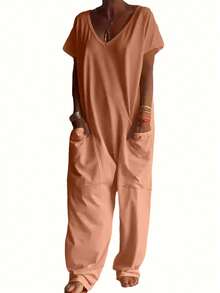 Women's V-Neck Short Sleeve Jumpsuit Summer Elegant - Orange - View 3