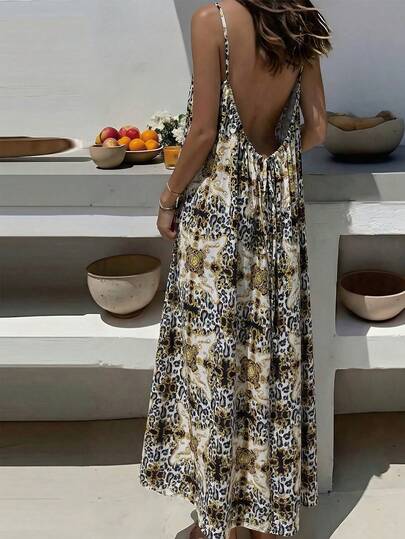 Nuevo vestido suelto sin espalda, vestido de tirantes con cordón y estampado de leopardo de tela tejida elegante, adecuado para vacaciones, playa, uso diario, todas las estaciones