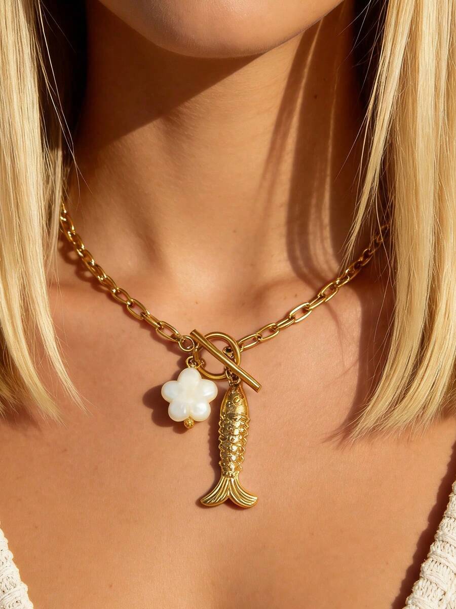 Mazuer 1件18K镀金街头风鱼形白花吊坠可调节OT扣项链，不锈钢粗链颈链，女士音乐节日常佩戴派对礼物