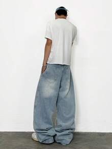 1pc Justice Brother Casual Loose Fit Wide Leg Jeans, Versatile Streetwear Design For Commuting, All Seasons - Blue - View 7