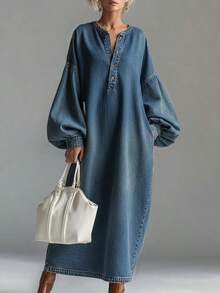 Old Polo Collar, Stand Collar Medium And Long Denim Skirt Women's Spring New Retro Large Size Dress - 藍色 - 查看 2