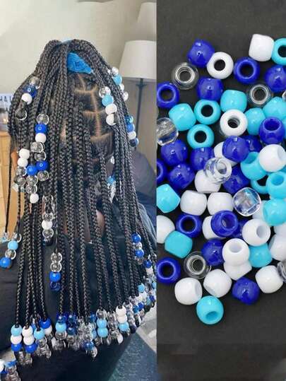 100颗塑料珠子，10x12毫米大孔珠子，混合非洲蓝色发珠，带拉绳针的发圈，美发工具，美发套装卧室装饰发饰