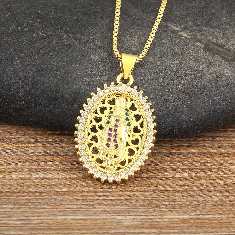 Mặt dây chuyền hình bầu dục kiểu retro đính đá Cubic Zirconia hình Đức Mẹ Đồng Trinh, thiết kế rỗng, phong cách tôn giáo, dành cho nữ. Phụ kiện trang sức. - Vàng - Xem 1
