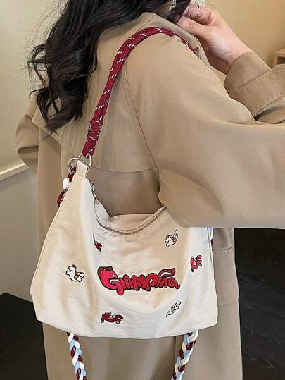 Bolso bandolera de mujer con estampado de dibujos animados, ligero para salidas casuales y viajes diarios, correa ajustable y desmontable