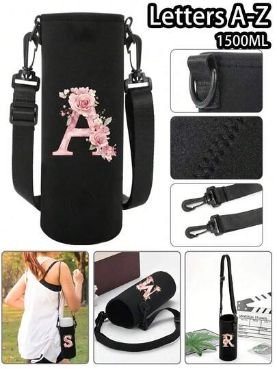 Pink Rose Letters A-Z Pattern Insulated Neoprene Water Bottle Carrier With Adjustable Shoulder Strap And Cup Cover Sleeve,Fits Stainless Steel, Glass, And Plastic Bottles - K Back To School Graduation Gift For Teacher Passport Holder Passport Case For Flight Honeymoon Study Abroad Business Trip Lightweight Waterproof Holiday Essentials Men Women Student,Birthday Gifts For Family And Friends, Valentine's Day, Wedding Season, Souvenirs, Bridesmaid Gifts