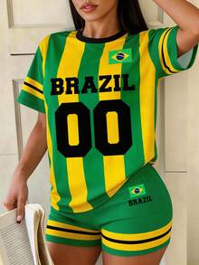 Bộ đồ thể thao nữ LOVE JOYY kiểu áo bóng đá Brazil, gồm áo thun ngắn tay kẻ sọc và quần short, thích hợp cho mùa hè, xem các trận bóng đá và các dịp thể thao. - Nhiều màu - Xem 6