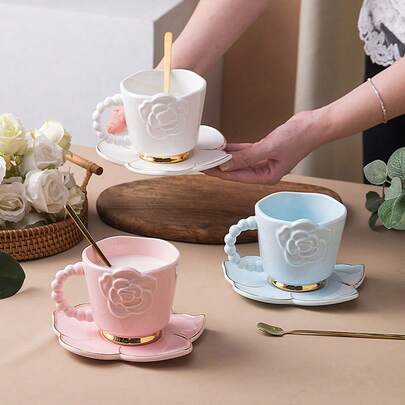 Creative White, Pink, Blue Camellia Ceramic Coffee Cup & Saucer Set, Solid Color Afternoon Tea Cup & Saucer Set, Gift