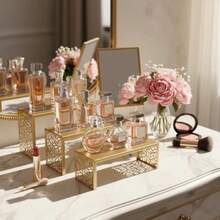 Aimto - Elevadores de exhibición de metal dorado de 3 niveles soporte de exhibición para bolso de perfume bolso zapatos joyas magdalenas postres y figura Amiibo  POP - Ascensores de exposición de metal dorado - Ver 4