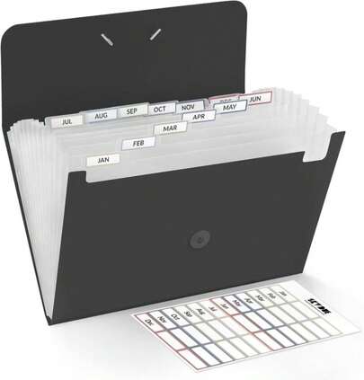 SKYDUE Expanding File Folde Rwith 13 Pockets, Accordion File Organizer Fits For A4/Letter Sized Paper, Accordion Folder With Labels - Document Receipt Organizer For Office, School, Home Blak