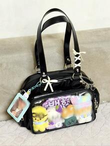 Japanese Harajuku Style Ltabag Large Capacity Cute Bowling Bag With Badge Elements, Multifunctional Handbag, Shoulder Bag, Backpack For Female Students - Black - View 4