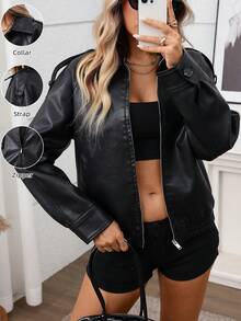 Women's Fashion Black PU Leather Bomber Jacket, Long Sleeve, Lapel Collar, Zipper Pockets, Regular Length - Black - View 1