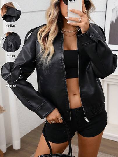 Women's Fashion Black PU Leather Bomber Jacket, Long Sleeve, Lapel Collar, Zipper Pockets, Regular Length