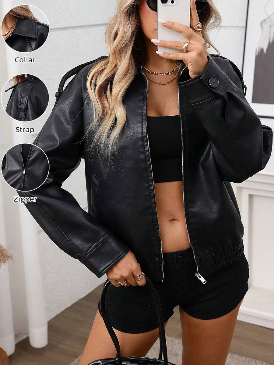 Women's Fashion Black PU Leather Bomber Jacket, Long Sleeve, Lapel Collar, Zipper Pockets, Regular Length - Black - View 1