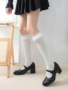 1 Pair Women's Knee-High Socks, Black & White Lace Trim Slimming Leg Socks For Spring/Summer, Versatile Wear With Skirts - Multicolor - View 12