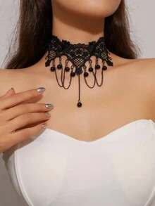 1pc Gothic Style Choker Necklace, Dark Tassel Chain, Lace Collar Necklace For Halloween Party - Multicolor - View 6