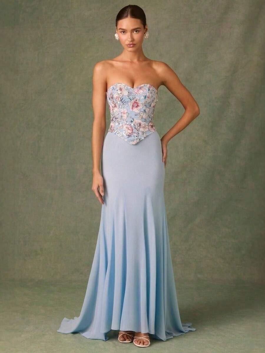 Slim-Fit Advanced Sense, Water Blue Hand-Sewn Flowers Gathered, Thickened And Shaped Chest-Showing Large Long Skirt, Mesh Perspective Suspender Long Dress Skirt - Màu xanh lam - Xem 1
