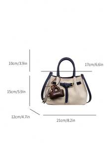 1pc Unique Design Handbag With Pendant, Contrast Color Flap Shoulder Bag, Fabric And PU Material, Suitable For Work, Shopping, Dating And Outings - Blue - View 2
