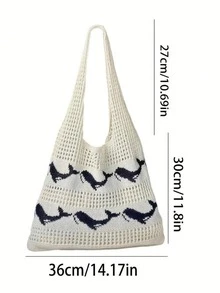 Women's Knitted Crochet Whale Pattern Casual Tote Bag, Mesh Beach Handbag - A - View 4