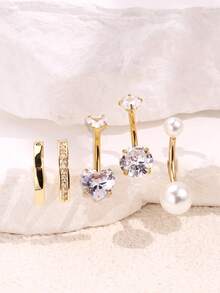 5件套优雅时尚简约性感奢华仿珍珠心形水晶不锈钢肚脐环套装，适合日常佩戴 - 金黃色 - 查看 1