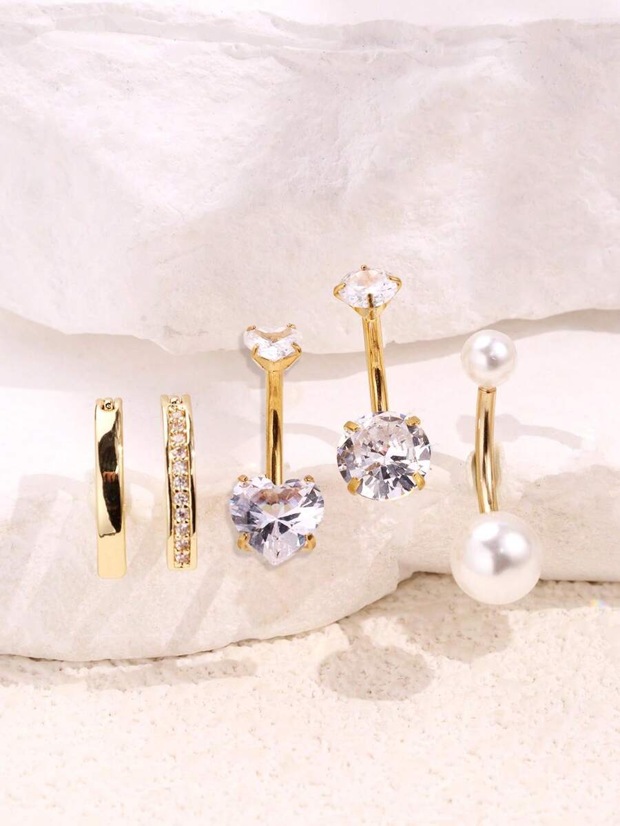 5件套优雅时尚简约性感奢华仿珍珠心形水晶不锈钢肚脐环套装，适合日常佩戴 - 金黃色 - 查看 1