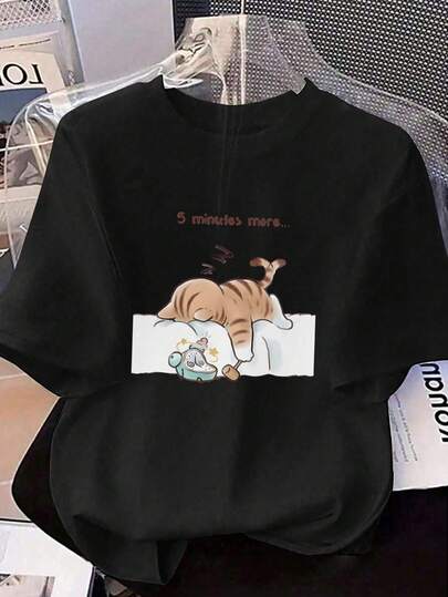 “再坚持5分钟”可爱猫咪T恤，趣味懒猫图案大码女款休闲黑色T恤