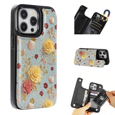 Exquisite Yellow Flower Pattern Imitation Leather Magnetic Mobile Phone Case, Compatible With IPhone 17 Pro Max/17 Air/16 Pro/15/14 Plus/13 And 12, Compatible With S25 Ultra/S25/S24 Ultra/S23 Ultra/S22 Ultra, You Can Insert Credit Card Room Card Cash