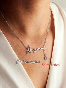 Custom Shiny Frosted Name Necklace Women Personalized Charm Classic Letter Clavicle Necklace Stainless Steel Gold Cursive Name Handmade Pendant Nameplate Jewelry Christmas New Year Gift For Girlfriend Lover - Silver-letter - View 2