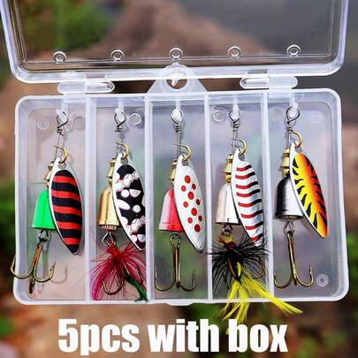 5pcs Metal Fishing Lure Set Spinners Baits With Rayon Hard Fishing Combo Lures Bass Trout Salmon Baits Kits With Box
