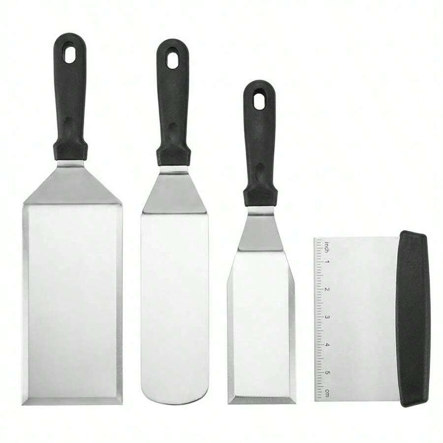 Metal Scraper Baking Pan Accessories Set - Baking Pan Scraper, Flat Scraper, Pancake Flipper, Burger Spatula - Metal Cookware, Ideal For Flat Top Cast Iron Grill - Shovel Four-piece Set - View 1