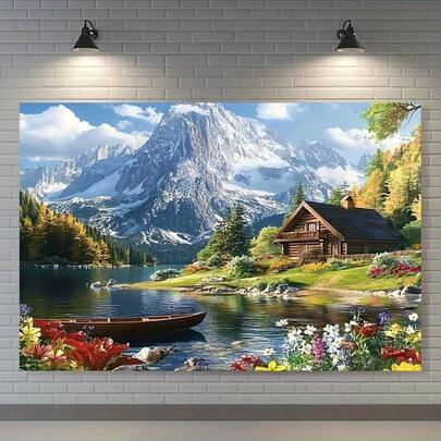 1 pieza Pancarta de arte de pared plano 2D, que representa un paisaje con montañas nevadas, vegetación y un lago tranquilo. Adecuado para bodas, cumpleaños, aniversarios y decoración de jardín o eventos durante todo el año