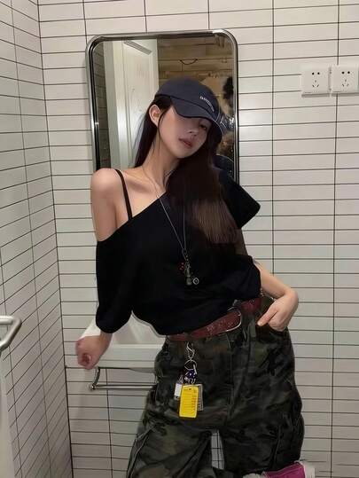 Women's Off-Shoulder Black Short Sleeve T-Shirt, High Elasticity Regular Polyester Top, Suitable For Casual Daily And Office Wear