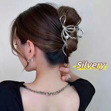 1pc Women's Elegant Bowknot Hair Claw Clip, Large Tail Design For Updo, High-End Chic Niche Hairpin Hair Clips Hair Jaw Clip Hair Clamps Hair Clutch Hair Clip Fall Winter Hair Accessories For Women For Vacation Outfits Woman - 銀色 - 查看 6