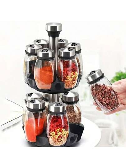 1pc Rotating Double-Layer 12-Capsule Spice Rack Combination, Metal Countertop Spice And Seasoning Containers, Multifunctional Turntable Kitchen Spice Storage Bottle, Food Safety Kitchen Accessories, Suitable For Countertops Or Cabinets