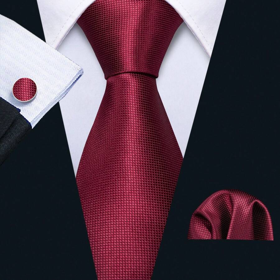 Mens Tie Burgundy Red Solid Necktie With Handkerchief Cufflinks Set Wedding Formal Party - Burgundy - View 1
