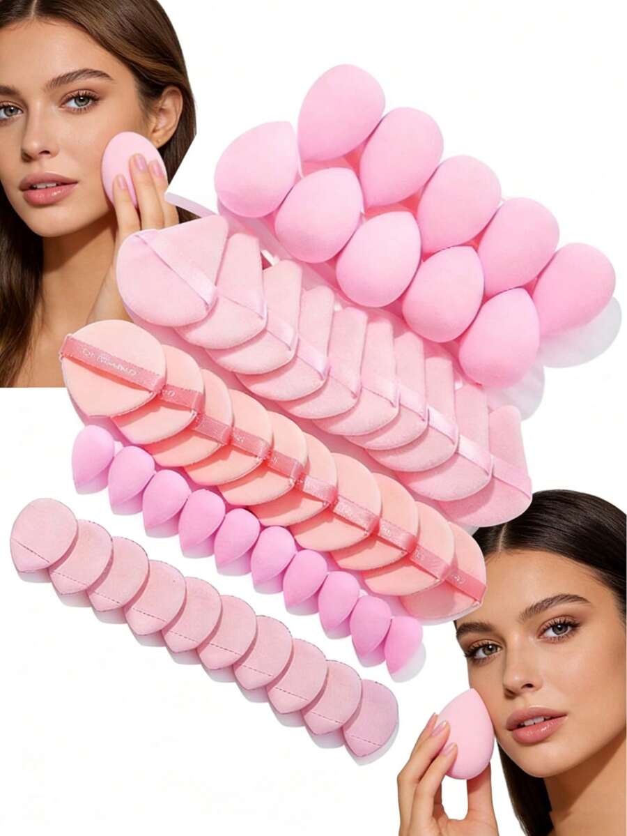 Set de herramientas de maquillaje de 5/10/20/30/40/50 piezas, incluye: 10 piezas de esponjas para base de maquillaje líquida + 10 piezas de esponjas mini para base de maquillaje líquida + 10 piezas de borlas triangulares para polvos (para polvos sueltos y fijación) + 10 piezas de borlas de cojín de aire (para maquillaje facial) + 10 piezas de mini borlas de cojín de aire (para corrector) - Rosa - Ver 1