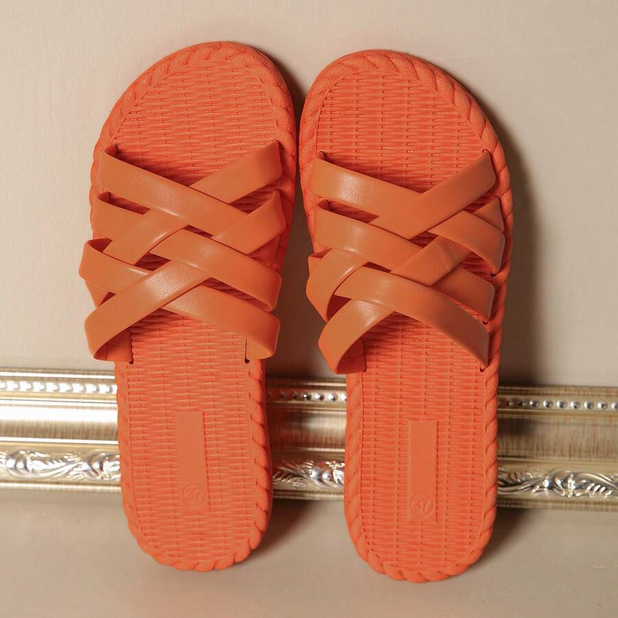 少女时尚简约新款平底凉鞋，软底轻便夏季百搭沙滩拖鞋 - 橘色 - 查看 1