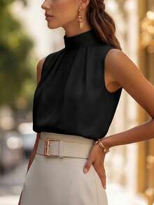 Blusa elegante y vintage de cuello alto con pliegues y sin mangas para mujer, adecuada para el trabajo en verano, color negro - Negro - Ver 2